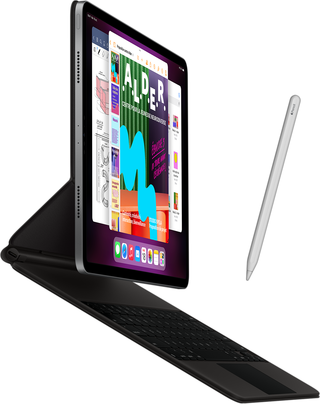 Vue latérale d’un iPad Pro avec Smart Keyboard Folio et Apple pencil