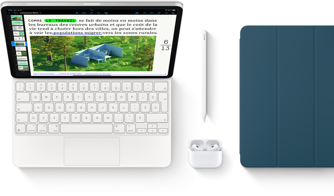 Smart Keyboard Folio, Apple Pencil, Airpods Pro et couverture pour iPad bleu océan.