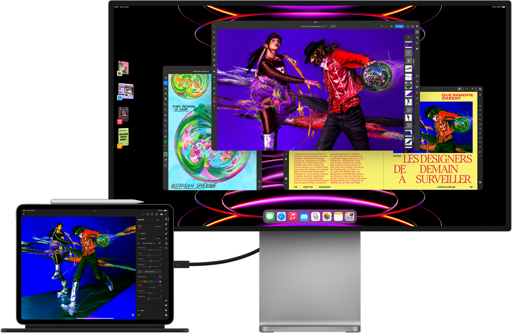 Un iPad Pro montrant l’app LumaFusion est connecté à un moniteur illustrant le multitâche dans Stage Manager